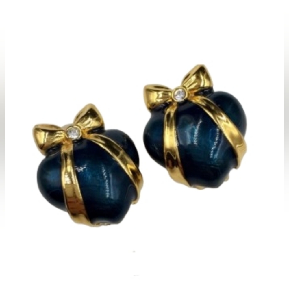 Joan Rivers Blue Enamel Heart Earrings Gold Bow Swarovski Crystal Vintage ClipOn